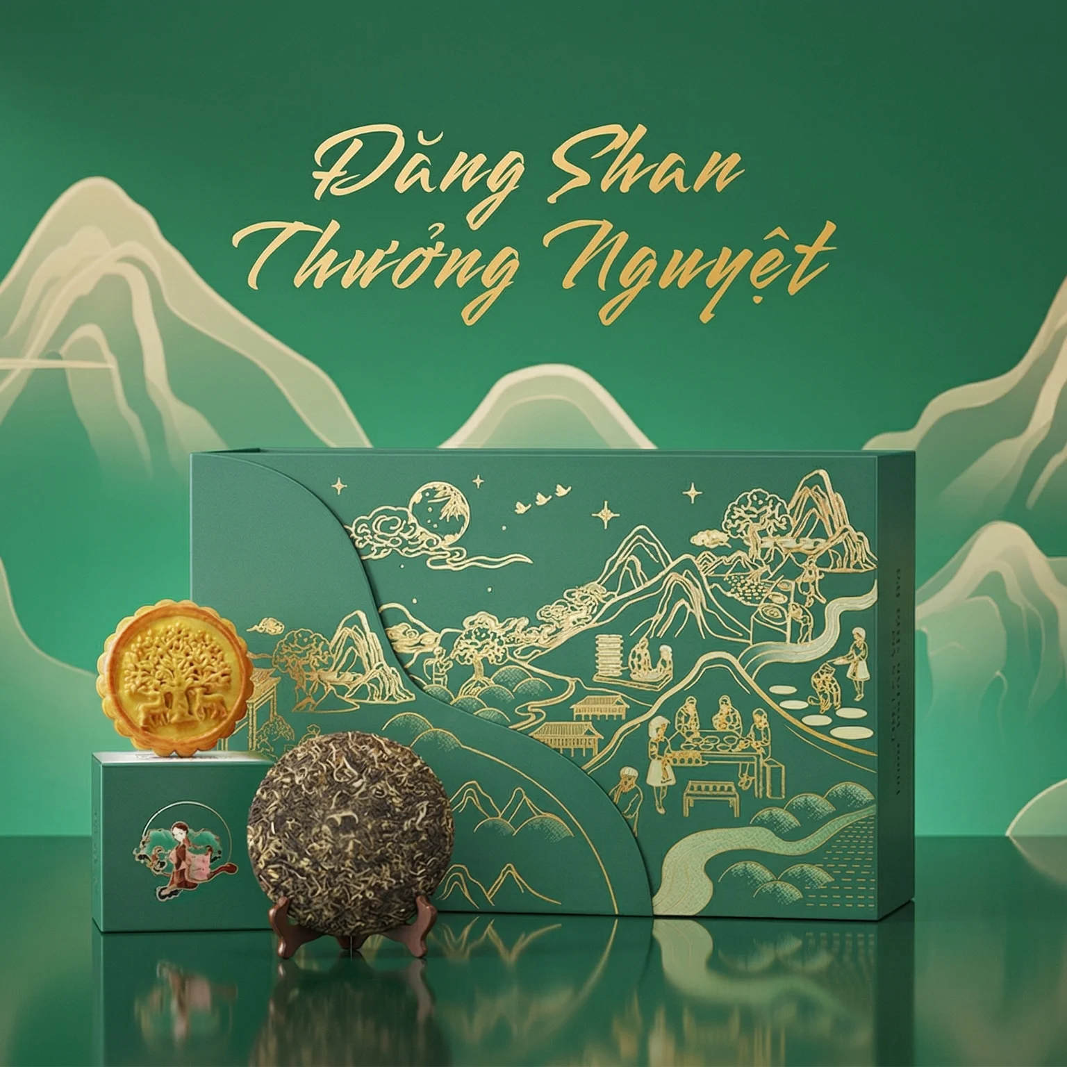 Hộp quà Trung thu cao cấp – Đăng Shan Thương Nguyệt, carton lạnh cứng, họa tiết vẽ tay độc bản