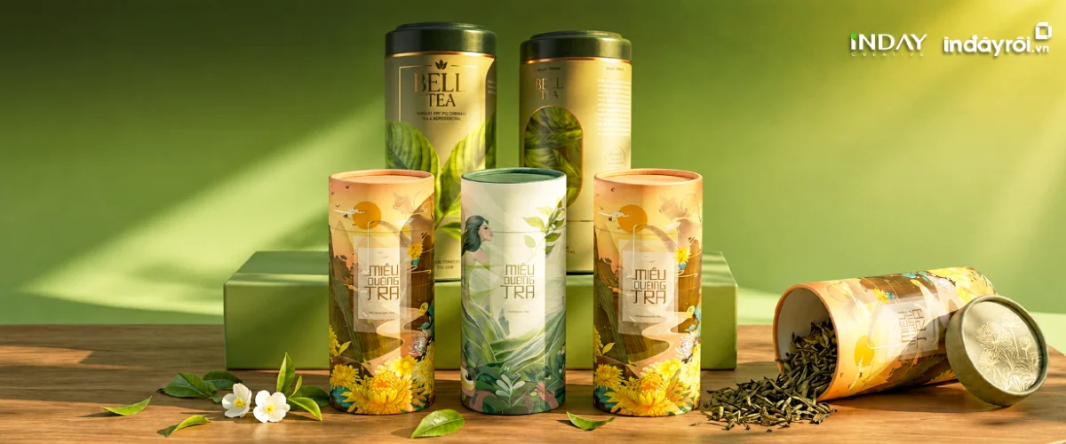 Thiết kế hộp giấy tròn đựng trà chuyên nghiệp